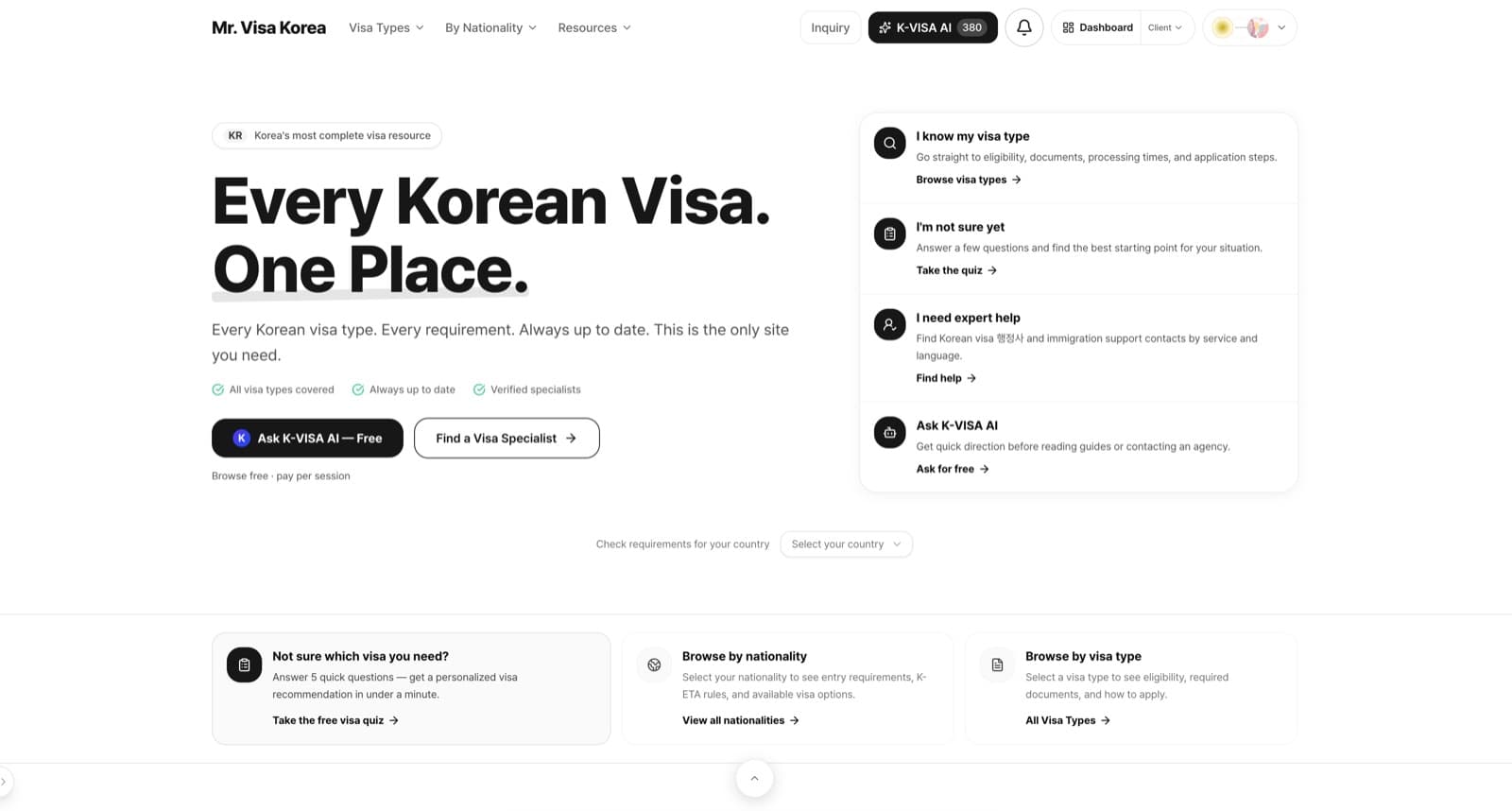 Mr. Visa Korea 홈페이지: AI 기반 한국 비자 안내 및 요건 확인