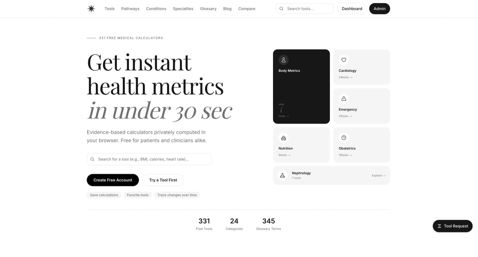 Online Medical Tools 홈페이지: 환자와 의료진을 위한 무료 근거 기반 의료 계산기